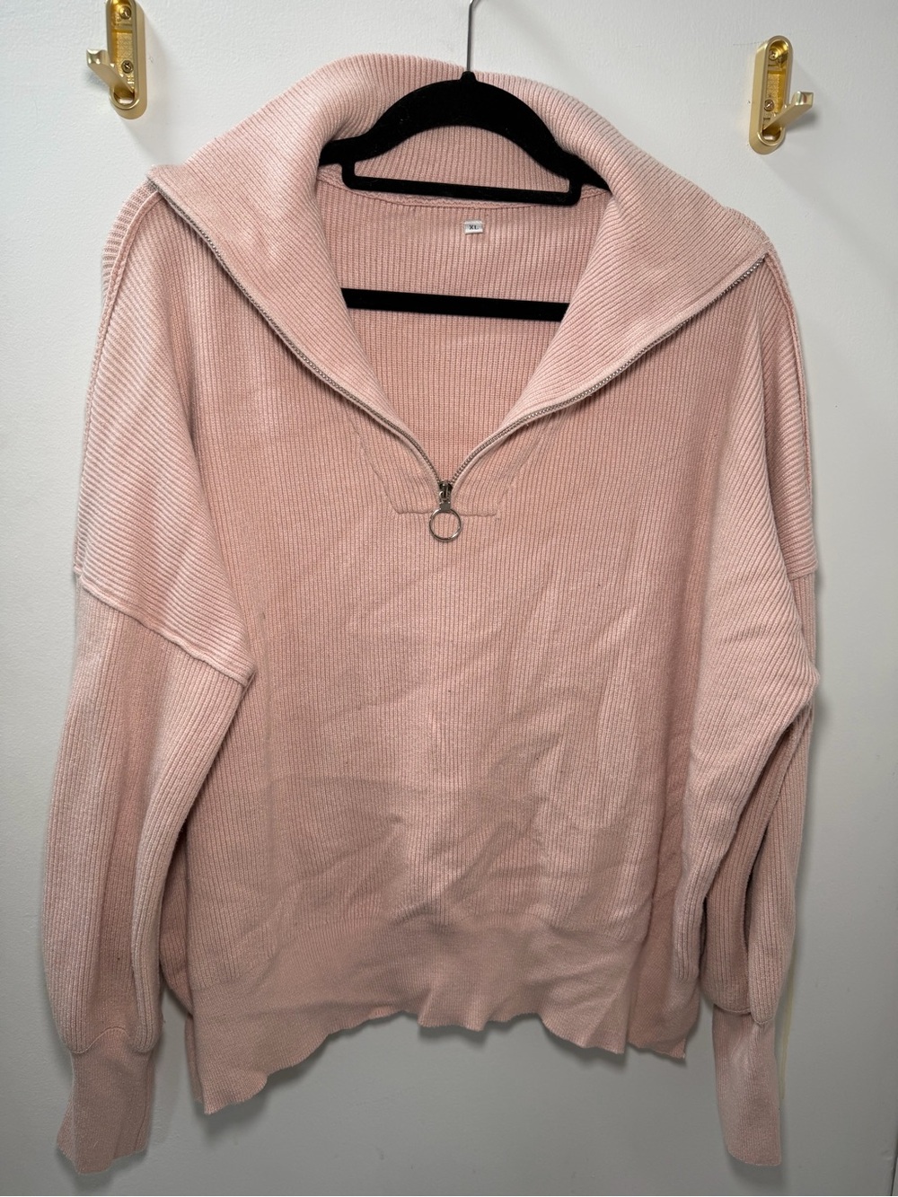 Soft Pink Half-Zip Ribbed Sweater